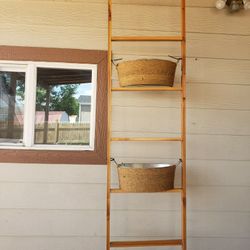 Wood Ladder With 3 Metal And Rope Pots.  8Ft H X 18 1/2in W.