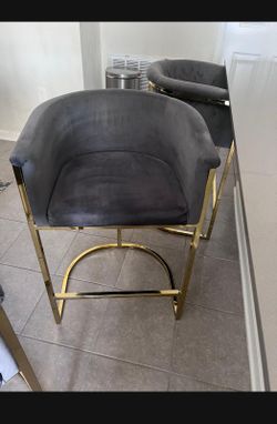 Gray Velvet Bar Stools with Gold Frame – Set of 3