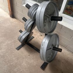 255lb Deep dish Olympic weight set with weight tree
