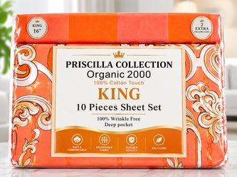 Priscilla Collection Organic 2000 King 10-Piece Sheet Set – Deep Pocket – Wrinkle Free