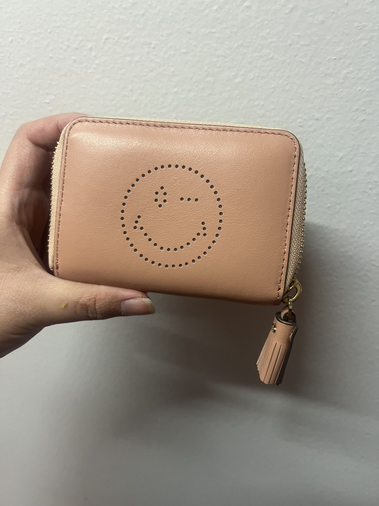 Anya Hindmarch Smiley Powder Pink Small Zip Round Leather Wallet 9*11*2.5 Cm