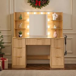 47.2" W Modern Large Vanity Desk With 7 Drawers, 4 Shelves, Led Lighted Mirror & Power Outlets, Natural