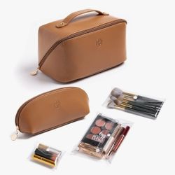 Travel Makeup Bag Waterproof Open Flat with Compartments, Large & Small Makeup Bag Organizer, PU Leather Toiletry Bag for Women, Cosmetic Bag, Make up
