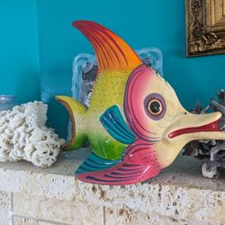 Vintage Mexico Paper Mache  13" Angel fish Hand Painted Signed, Tropical, Beach 