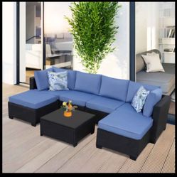 Patio Furniture Sets 7pcs With 4 Chairs, 2 Ottomans Coffee Table And Comfy Cushions, All Weather Reinforced Wicker Rattan Sectional Sofa