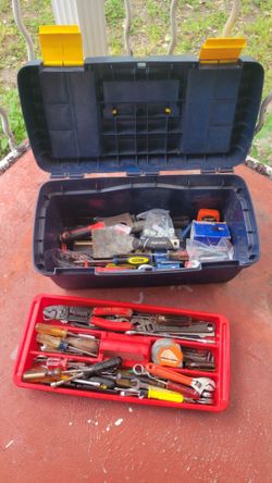 Step-style toolbox with included hand tools