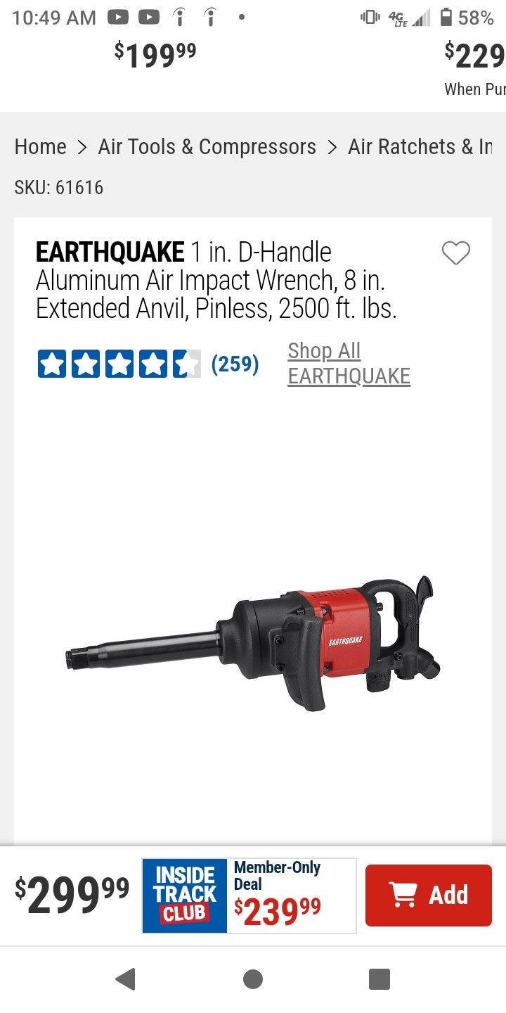 Earthquake 1inch D Handle Aluminum Air Impact Wrench, 8 Inch Extended Anvil, Pinless, 2500 Ft. Lbs.