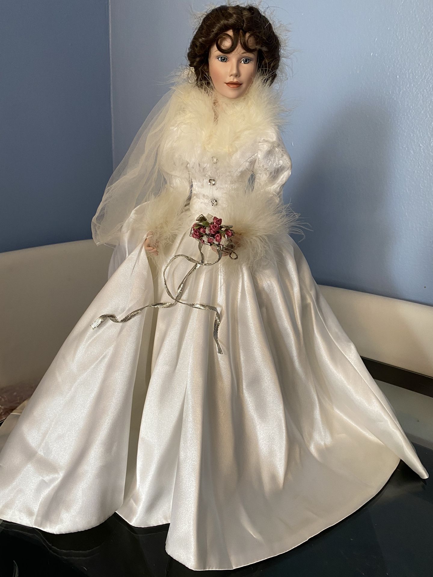 Vintage Procelain Bridal Doll With Stand