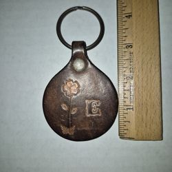 Vintage 70's Hand Tooled Brown Leather Keychain, Bell Shaped, E