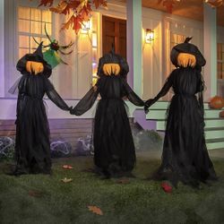 Set of 3 LED Black Halloween Witches with Hats Stakes | 4 Feet Tall | Weatherproof Battery Operated | Spooky Garden Statue Outdoor Decoration Grass La