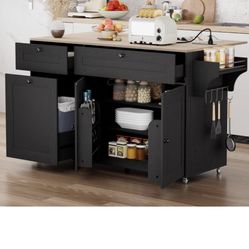 Kitchen Island on Wheels with Storage, Rolling Kitchen Islands with Drop Leaf&Power Outlet, Mobile Kitchen Island Cart with Trash Can Storage, Spice R