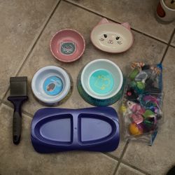 Cat Pet Bowls, Toys And A Brush