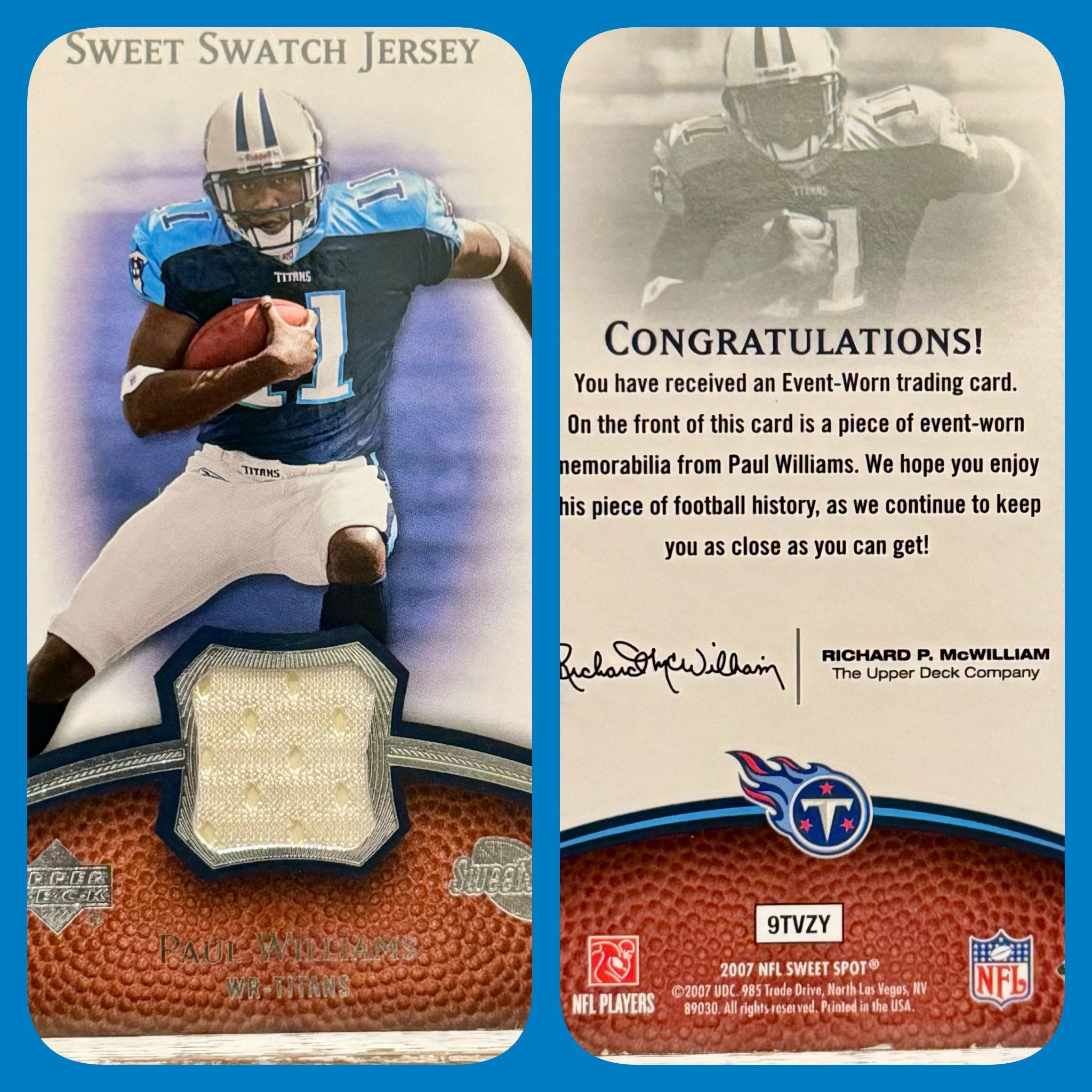 2007 Sweet Spot Football Card Swatch Jersey #SSWI Paul Williams