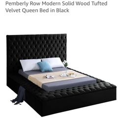 Pemberly Row Modern Solid Wood Tufted Velvet Queen Bed in Black