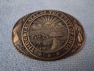 VINTAGE TONY LAMA OHIO STATE SEAL BELT BUCKLE FIRST EDITION SOLID BRASS PATINA
