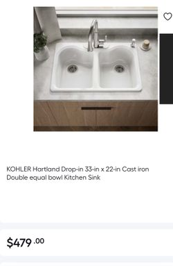 KOHLER Hartland Drop-in 33-in x 22-in Cast iron Double equal bowl Kitchen Sink