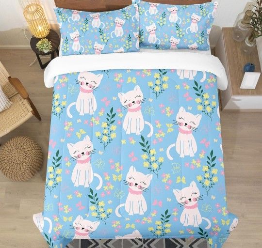 Kids Kawaii Cat Bedding Queen Size Bed in a Bag, Cute Blue Animal Comforter Set for Teens Girls Bedroom Decor, Floral Butterfly Bedding Sets
