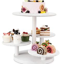 4 Tier Round Cupcake Tower Stand Beaded Wood Cake Stand with Tiered Tray Cupcake Stand for 50 Cupcakes Cake Display Stand Dessert Tiered Serving Tray 