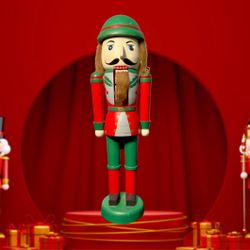 Vintage 1990s Wooden Nutcracker Soldier In Green Red Uniform, 15”