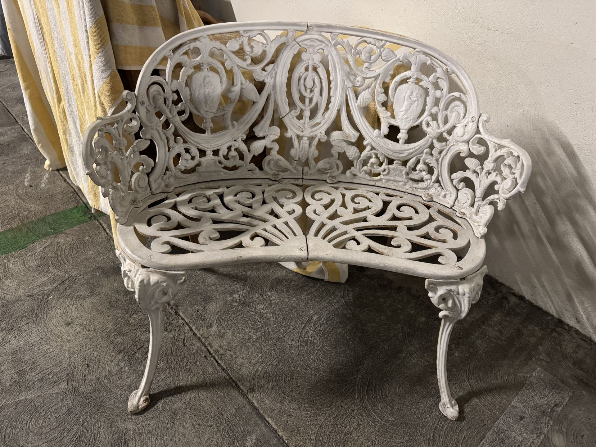Antique French Victorian White Painted Cast Iron Cameo Garden Bench, circa 1890