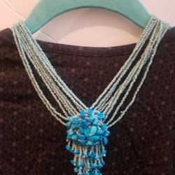 Turquoise Blue Green Seed Bead Multi Strand Fringed Pendant 12" Necklace  Choker.  F12