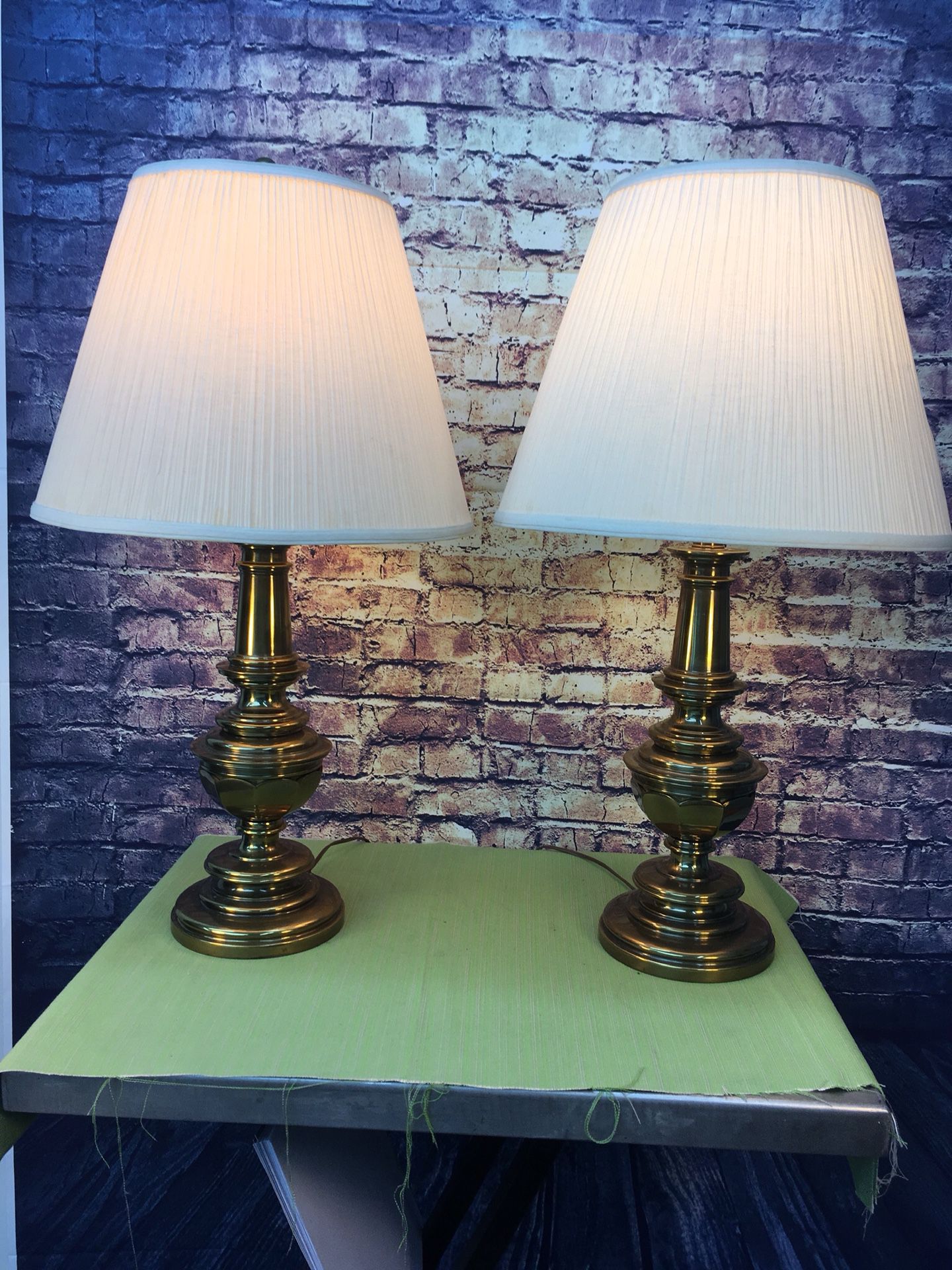 vintage matching stiffel table lamps with antique brass finish & three way light switch.