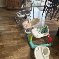 $200 Baby Swing (brand New) , Bouncer, Walker And High Chair. 