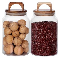 Airtight Glass Food Storage Jars with Acacia Wood Handle Lids (Set of 2, 64oz/1900ml)
