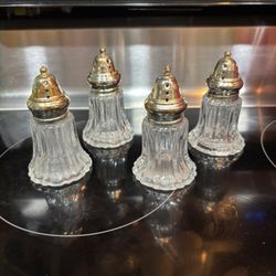 Set of 4 vintage Leonard glass and silver-plated salt and pepper shakers clear crystal 