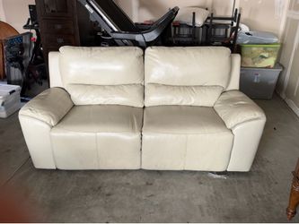 Cream-White Italian Leather King-Size Loveseat — Power Recline Both Sides, Gently Used.