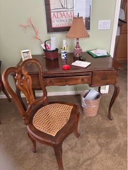 Vintage French Provincial Maple Desk & Matching Woven Cane Chair Set