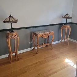 Three Matching Hand Carved Wood Tables With Marble Tops