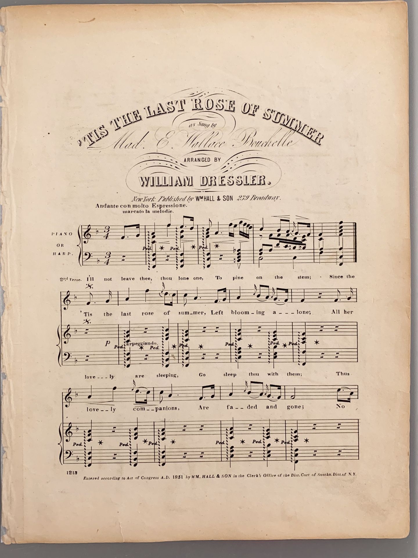 172 Year Old Sheet Music - CR 1851 Tis The Last Rose Of Summer #031823A12