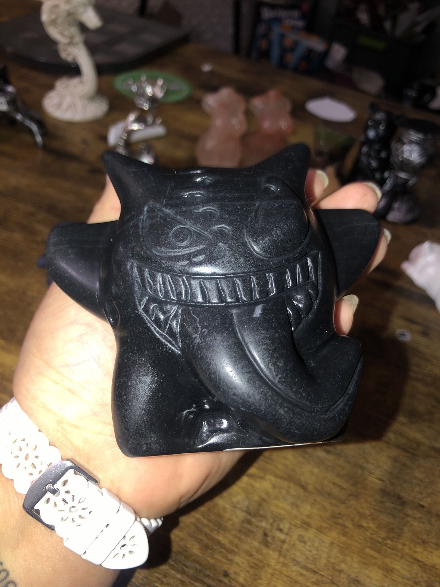 Natural Obsidian Stone Venom Inspired Gengar Pokemon Statue Carving Collectible
