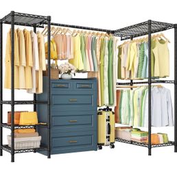 ULIFHOME E10L L-Shaped Clothes Rack for Corner（With Expandable Hanger Rod）Heavy Duty Freestanding Clothing Racks for Hanging Clothes，Portable Garment 