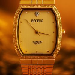 Benrus Men’s Gold-Tone Diamond Quartz Watch Tank Vintage 90’s “Tony Saprano” style Japan Movement
