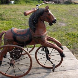 Antique Wooden Horse Tricycle Sculpture Handcrafted 22" x 24" Folk Art Decor

