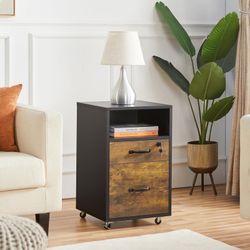 File Cabinet, Under Desk Vertical Cabinet With 2 Drawers and Open Compartment, Printer Stand with Lockable Wheels for A4 Letter Size Hangable File Fol