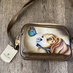 Anuschka Genuine Hand Painted Leather Bag - Puppy Love - NEW