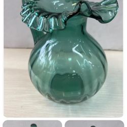 Antique Green Ruffle Glass Pitcher Vase Home Decor 