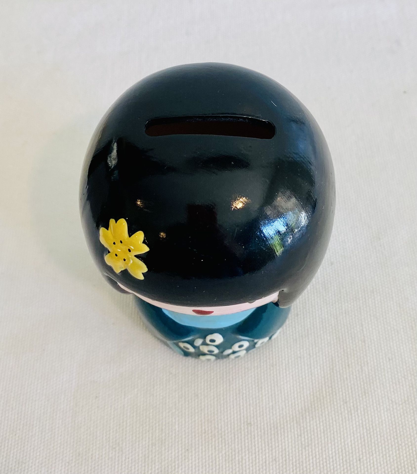Kokeshi Piggy Bank China Girl Geisha Purple Vintage Ceramic Doll 4”