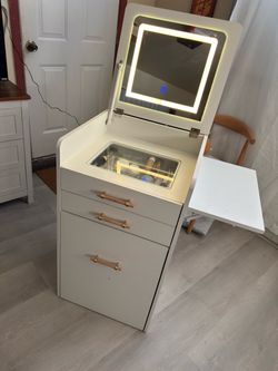 Vanity with storage, chair and table