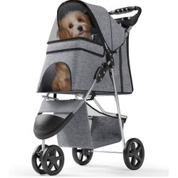 Pet Stroller with 3 Wheels for Small/Medium Pets, Portable Travel Foldable Carrier Jogger for Dog Cat Puppy Kitty, Rear Wheel Breaks, Storage Basket, 