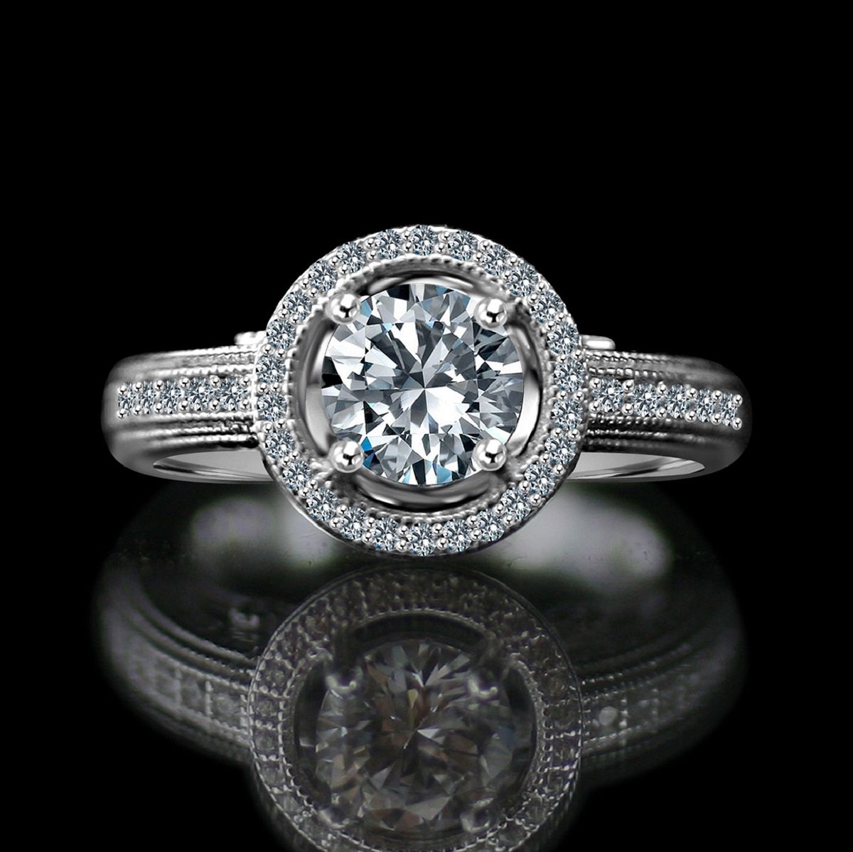 3/4 CT. Round Stunning vintage micro pave floating halo engagement sterling silver ring, Simulated Diamond, Diamond Veneer. 635R4001