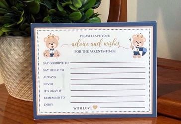 24 ROYAL BEAR PRINCE boy blue baby shower ADVICE WISHES CARDS