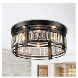 13.3 in. 3-Light Matte Black Modern Drum Crystal Flush Mount Ceiling Light - New