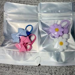 Bow & Daisy Flower Straw Toppers Tumbler 4 Piece Bundle Pink Blue Purple White