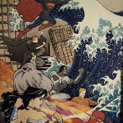 Justice League With Asian Style Design Of Waves Framed Art