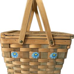 Vtg 90’s Square Woven Basket With Blue Floral Design