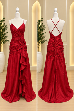 Red Ruched Cross-Back Ruffle Maxi Dress